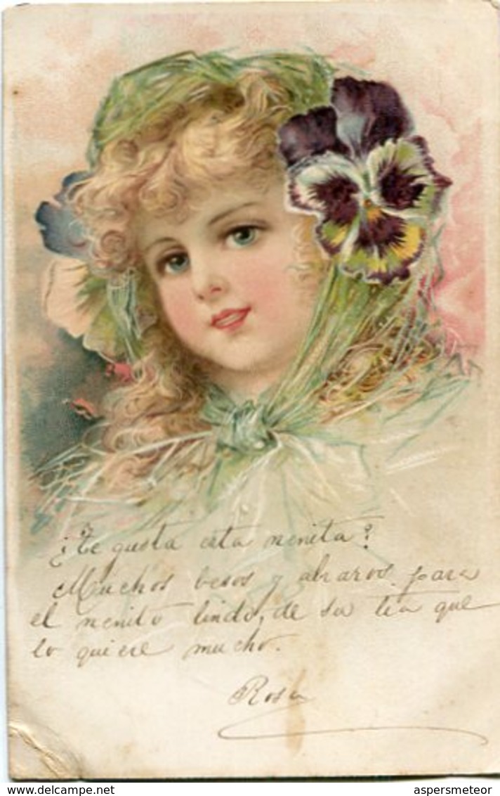 DRAWING GIRL WITH FLOWERS, DIBUJO DE NIÑA CON FLORES, DESSIN FILLE AUX FLEURS. POSTAL CPA CIRCA 1910's CIRCULATED -LILHU - Dessins D'enfants