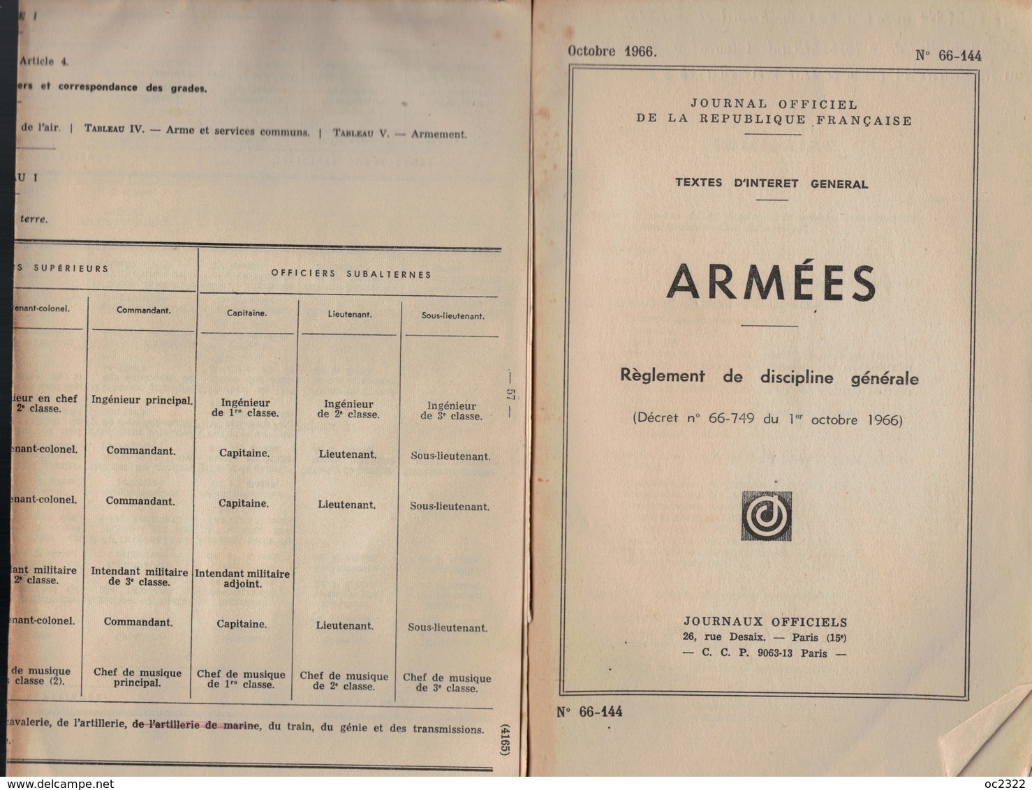 MANUEL MILITAIRE De 1966 JOURNAL OFFICIEL N°66-144 ARMÉE Règlement De Discipline - Documents