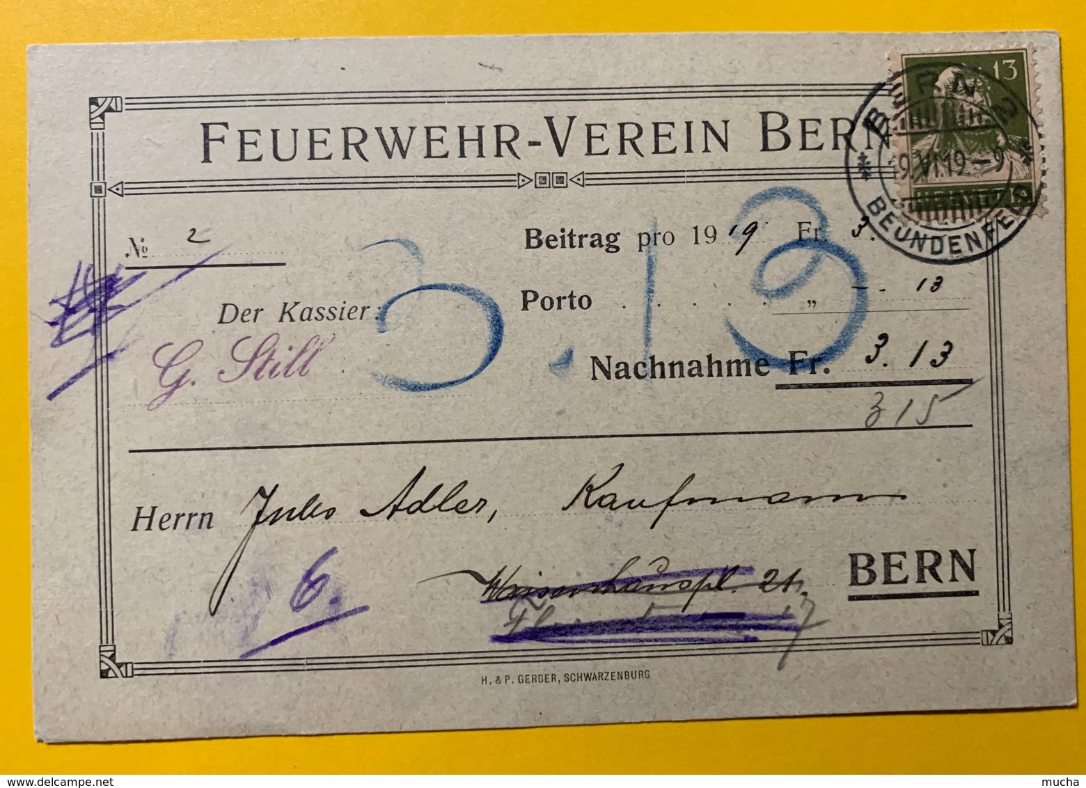 8689 - Feuerwehr-Verein Bern Nachnahme 19.06.1919 - Bern