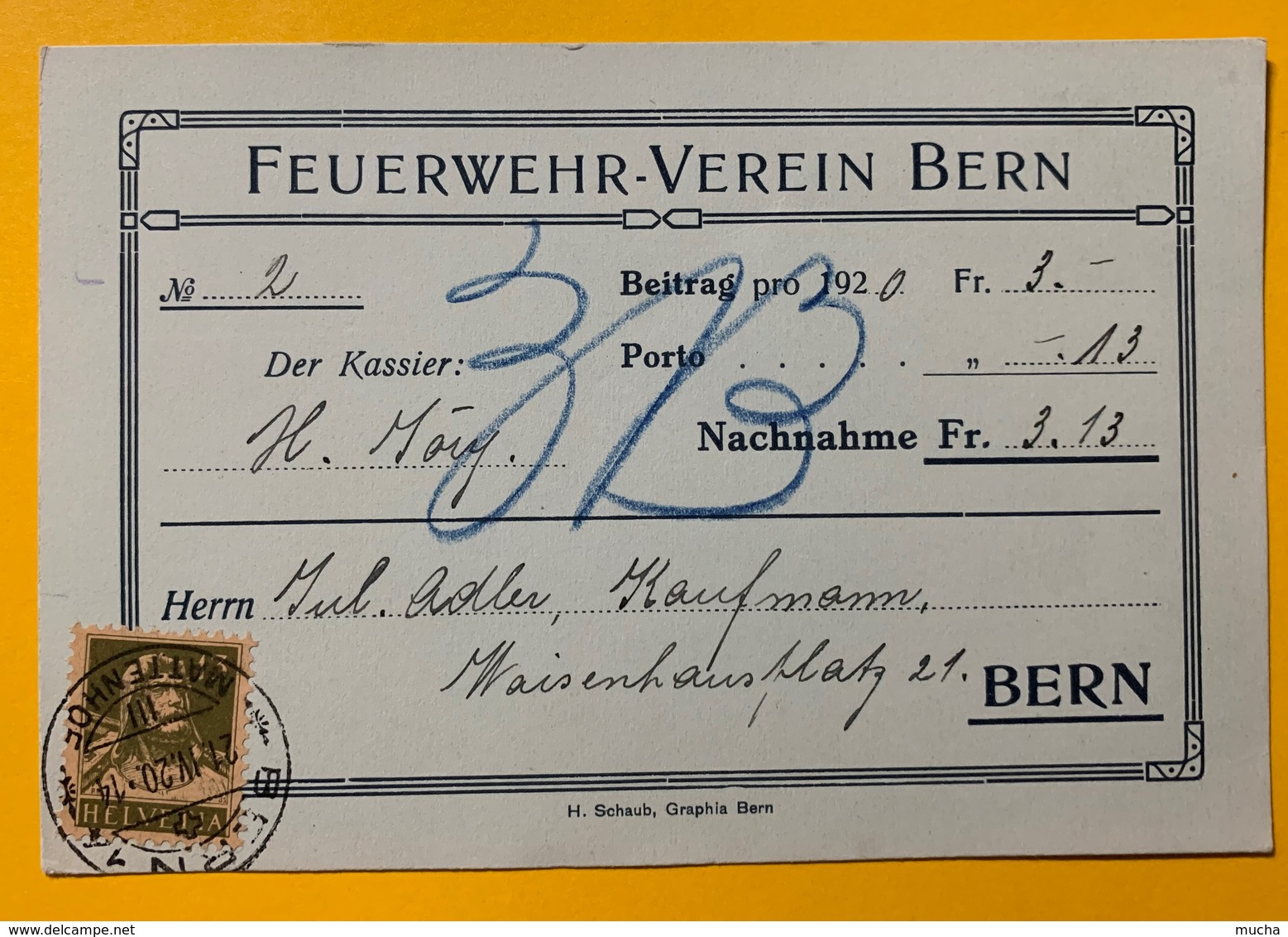 8690 - Feuerwehr-Verein Bern Nachnahme 21.04.1920 - Berna