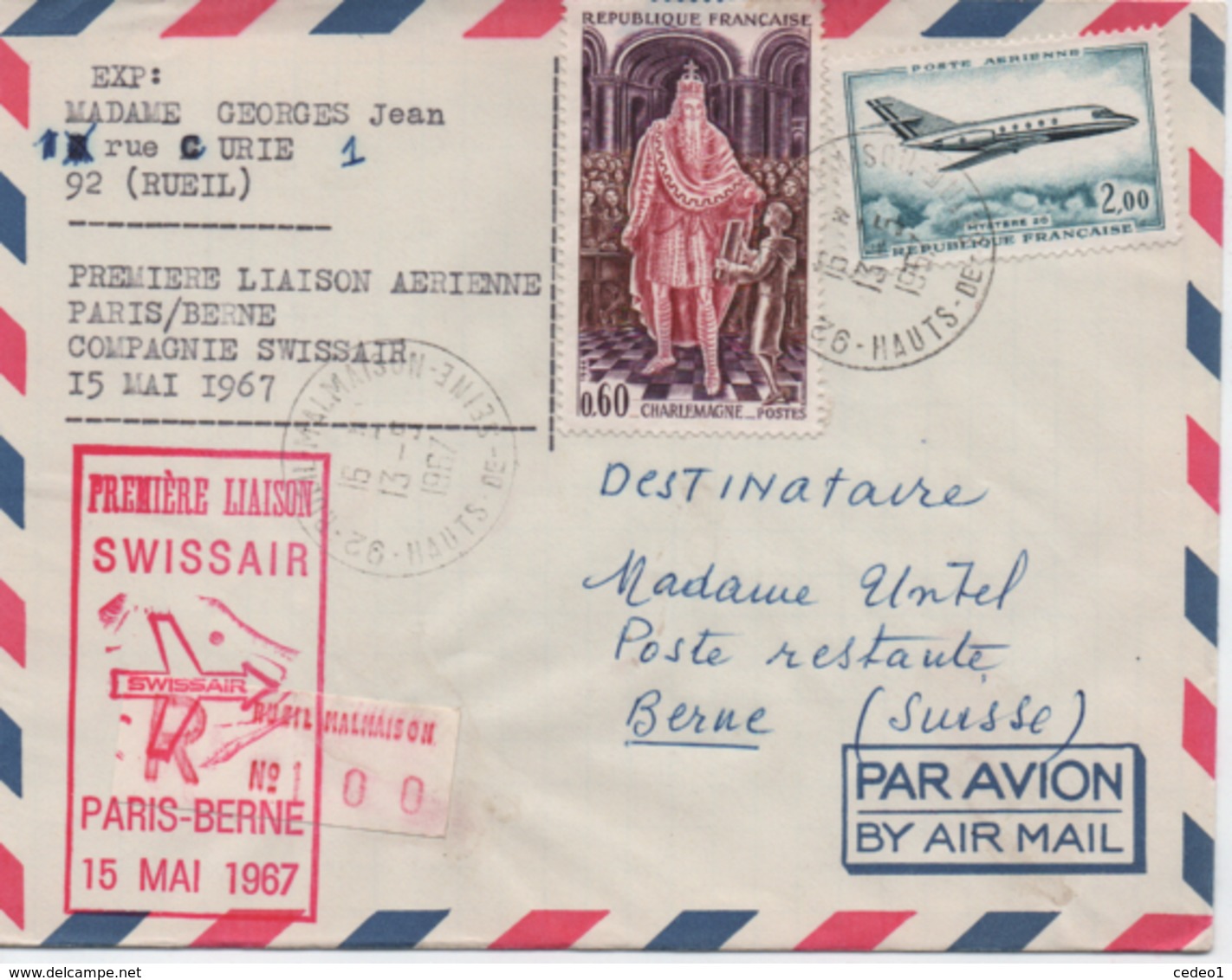 PREMIERE LIAISON  SWISSAIR  PARIS BERNE  15 MAI 1967 - 1960-.... Lettres & Documents