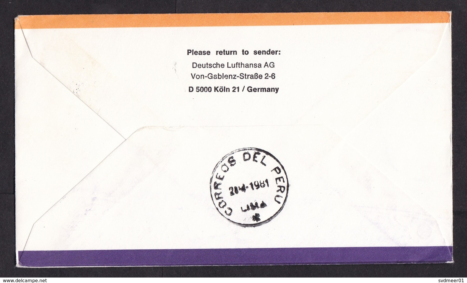 USA: FFC First Flight Cover, 1981, 1 Stamp, Lufthansa DC 10 San Juan - Lima, Puerto Rico (traces Of Use) - Brieven En Documenten