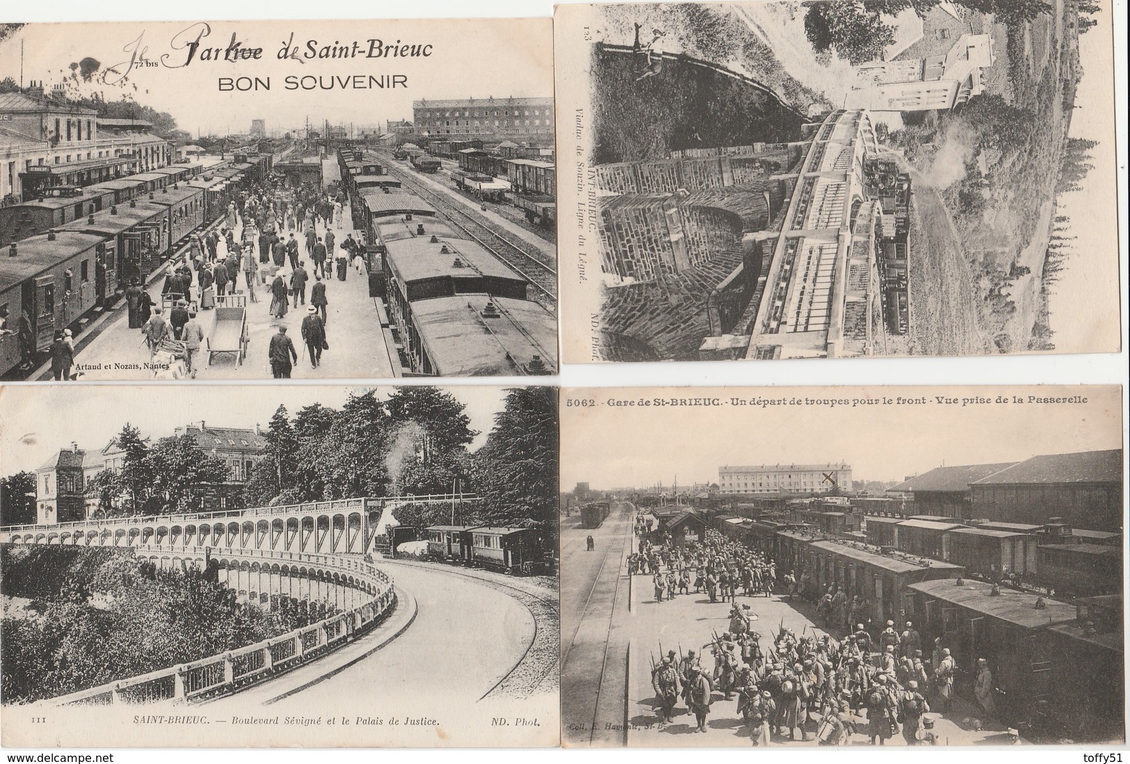 4 CPA:SAINT BRIEUC (22) MILITAIRE POUR LE FRONT TRAIN GARE,VIADUC DE SOUZIN,TRAIN BOULEVARD SÉVIGNÉ,NOMBREUX TRAINS GARE - Saint-Brieuc