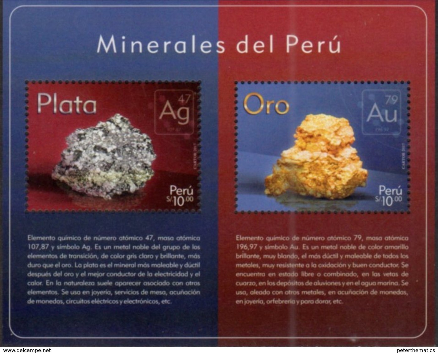 PERU, 2017, MNH, MINERALS, MINERALS OF PERU, GOLD, PLATINUM,  S/SHEET - Minéraux