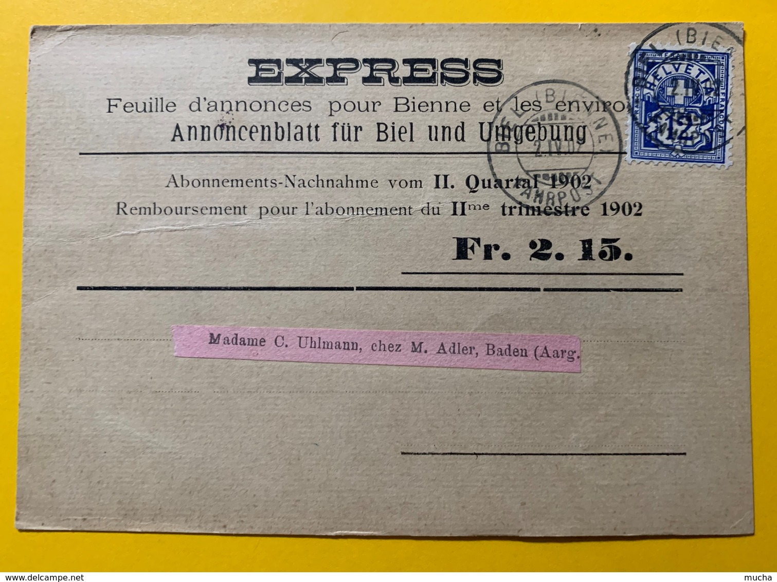 8696 - Express Feuille D'annonce Pour Bienne Remboursement 02.04.1902 - Bienne