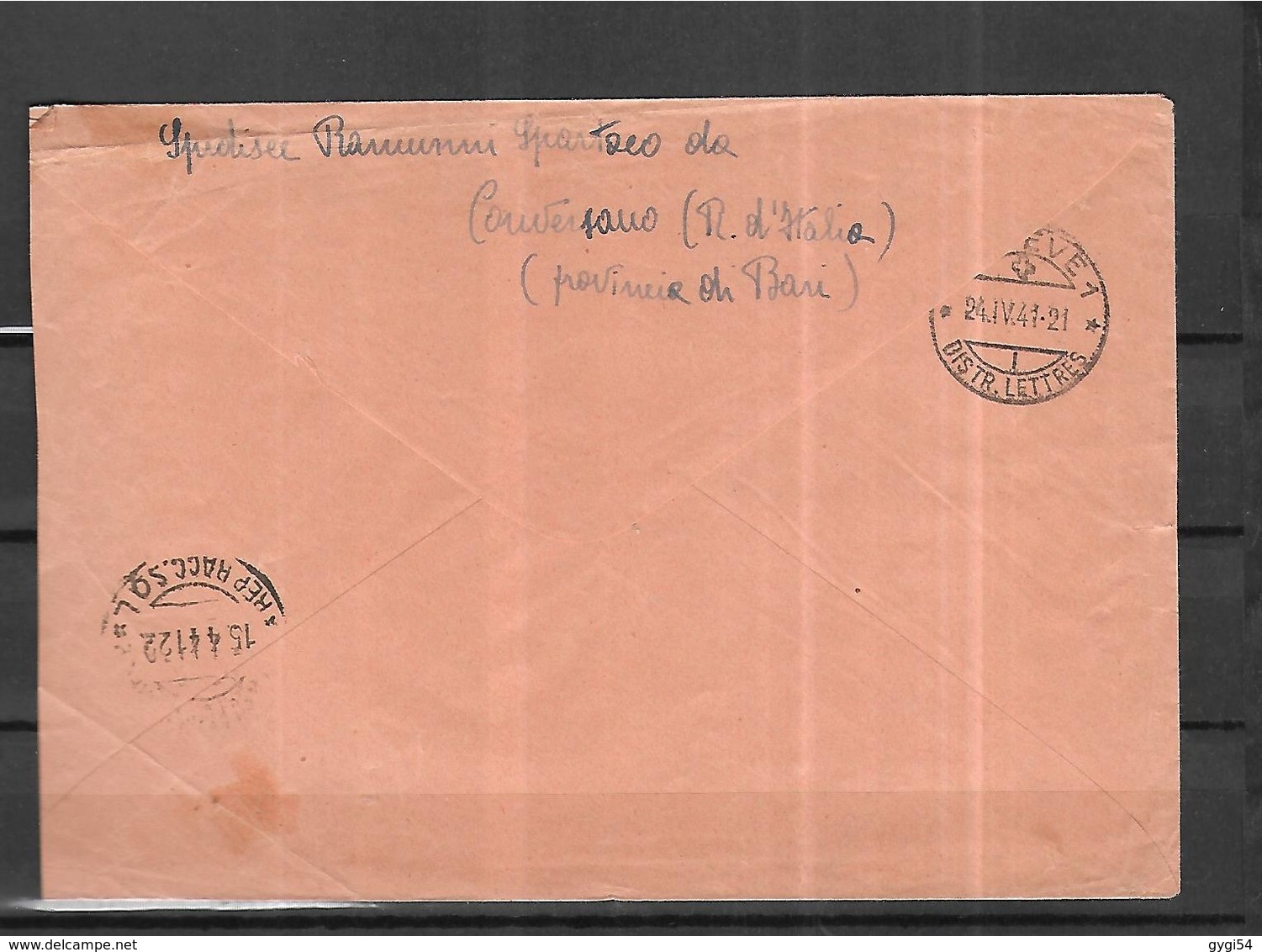 Italie Lettre Recommandée  De Conversano - Bari  Du 14 04 1941 Pour Genève - Storia Postale