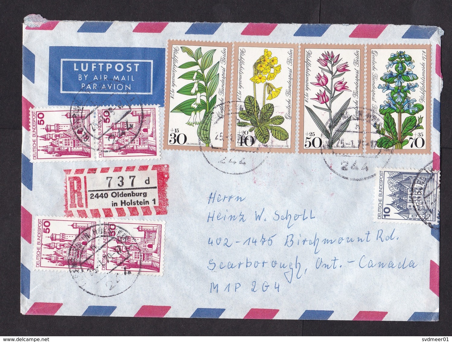 Germany: Registered Airmail Cover To Canada, 1979, 9 Stamps, Flowers, Castle, Label, Square Cancel (traces Of Use) - Lettres & Documents