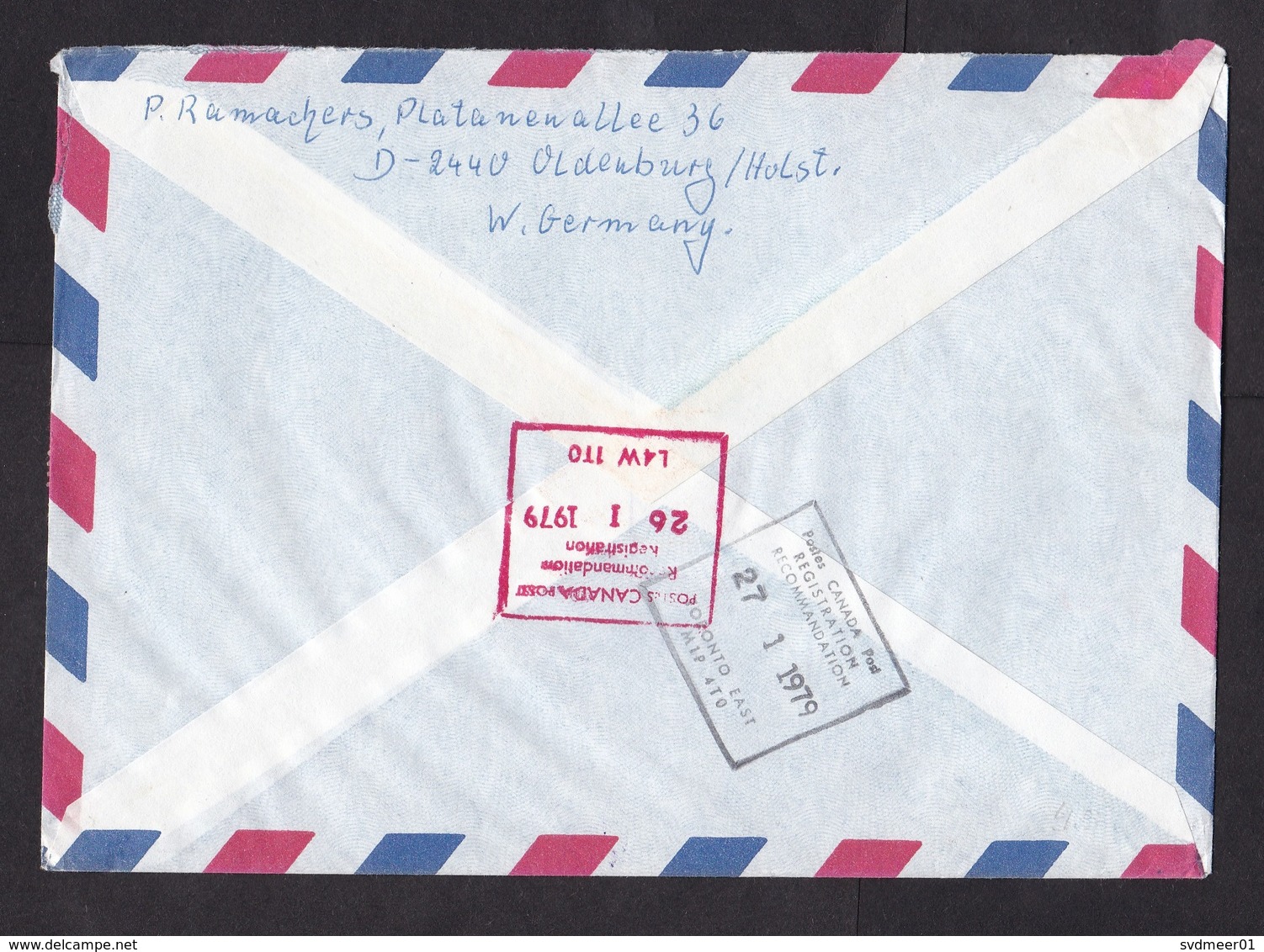 Germany: Registered Airmail Cover To Canada, 1979, 9 Stamps, Flowers, Castle, Label, Square Cancel (traces Of Use) - Lettres & Documents