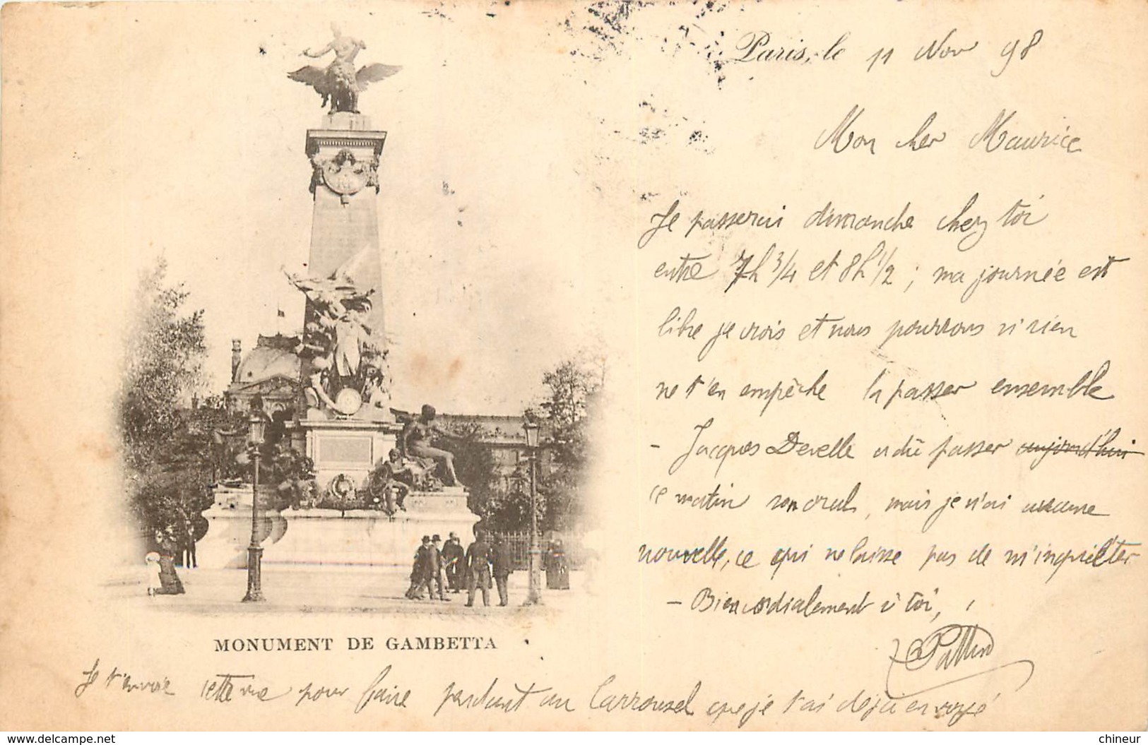 CARTE PRECURSEUR PARIS MONUMENT DE GAMBETTA  DATEE  1898 TIMBRE TYPE SAGE  EN PAIRE - Other Monuments