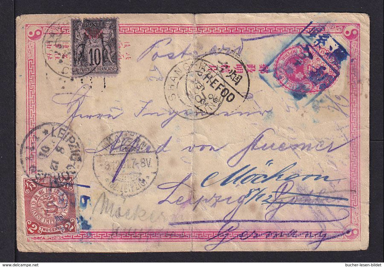 1901 - 1 C. Ganzsache Mit Zufrankatur - Tombstone Stempel Aus WEIHSIEN über Chefoo Und Franz. Post Shanghai N. Deutschl. - Lettres & Documents