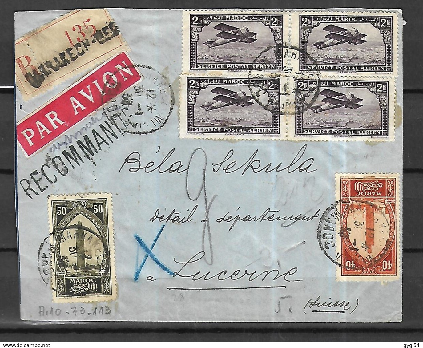 MAROC     Lettre Recommandée PAR AVION De Marrakech    Du 31 01 1931     Pour  Lucerne - Lettres & Documents