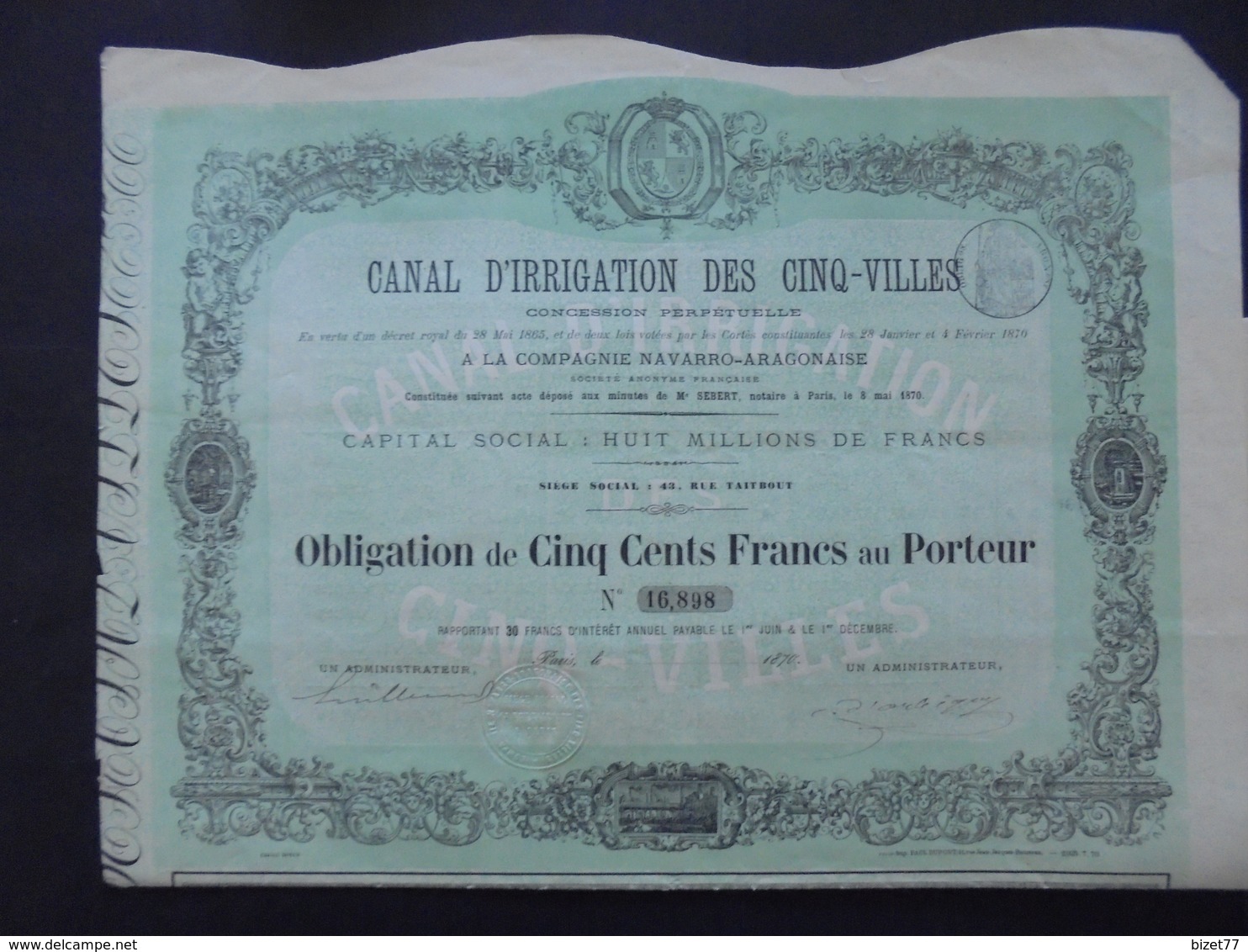 CANAL D'IRRIGATION DES CINQ-VILLES , OBLIGATION 500 FRS - PARIS 1870 - DECO - Other & Unclassified