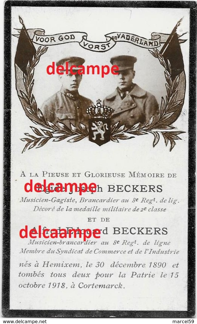 Oorlog Guerre Egide En Alfred Beckers Hemiksem Soldaat Alle 2 Gesneuveld Te Kortemark 15 Okt 1918 Diksmuide 8 Linie - Images Religieuses