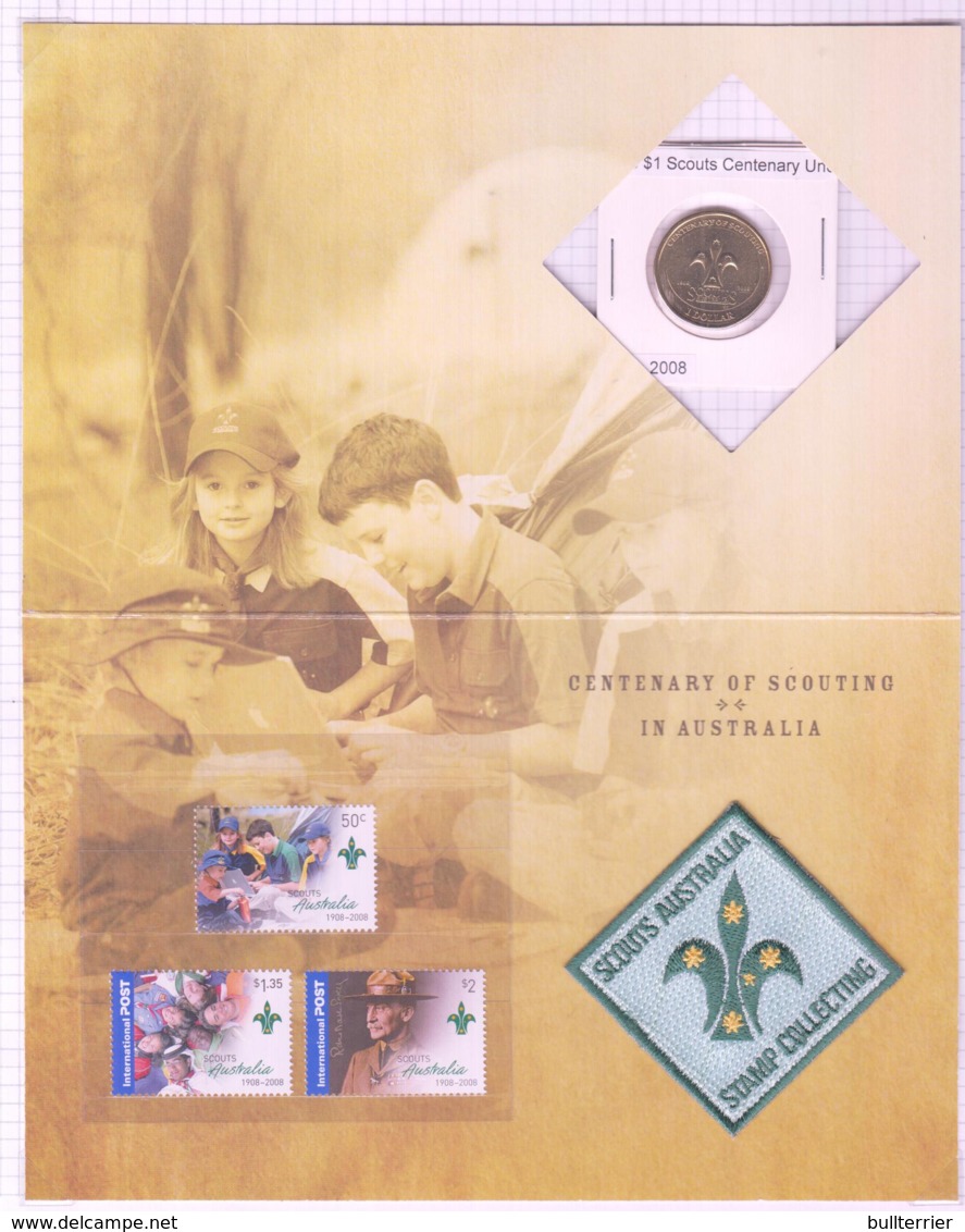 SCOUTS -  AUSTRALIA - 2008 - SCOUTS SET IN FOLDER, SPECIAL PATCH +$1 CENTENARY COIN - Unused Stamps