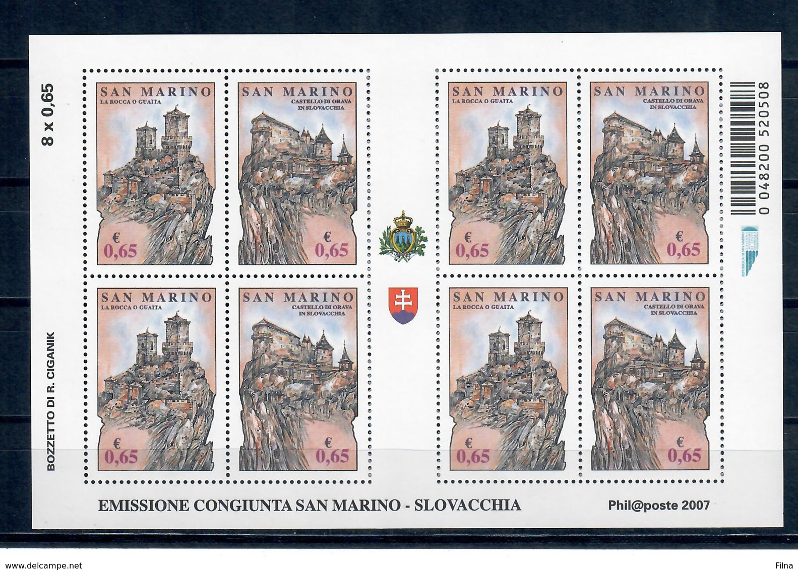 SAN MARINO 2007 - EMISSIONE CONGIUNTA SAN MARINO SLOVACCHIA - MF  - MNH** - Nuovi