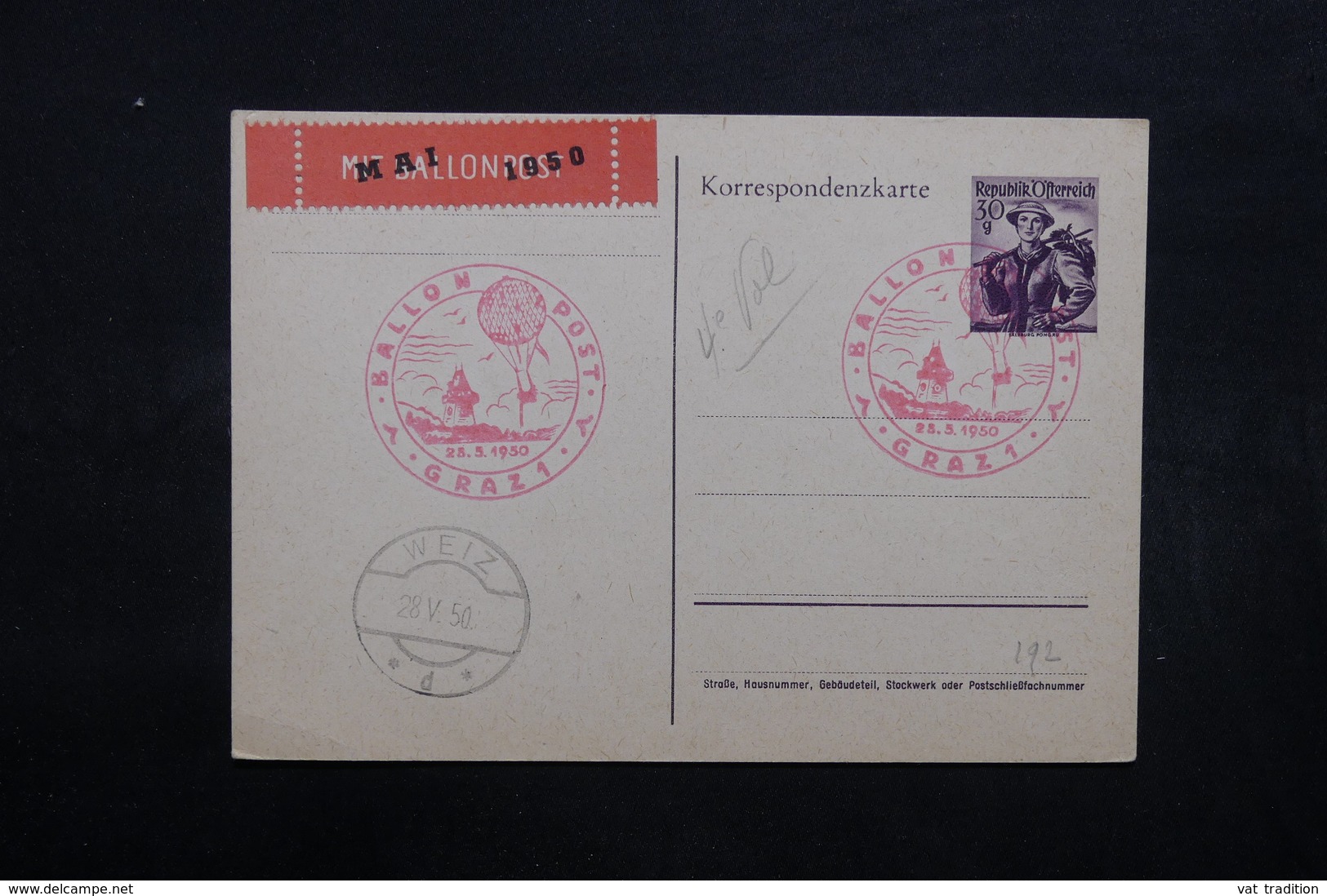 AUTRICHE - Entier Postal Par Ballon En 1950, Voir Cachets - L 31901 - Sonstige & Ohne Zuordnung