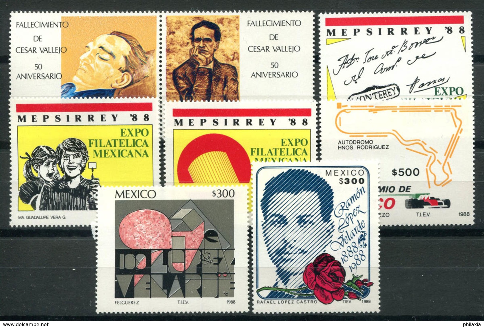 Mexico 1988 MNH 100% Cesar Vallejo, Art, MEPSIRREY, Formula 1 - Mexico