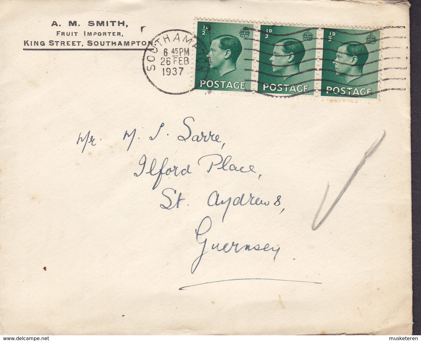 Great Britain A. M. SMITH Fruit Importer SOUTHAMPTON 1937 Cover Brief ST. ANDREW's Guernsey 3-Stripe Edw. VIII. - Covers & Documents