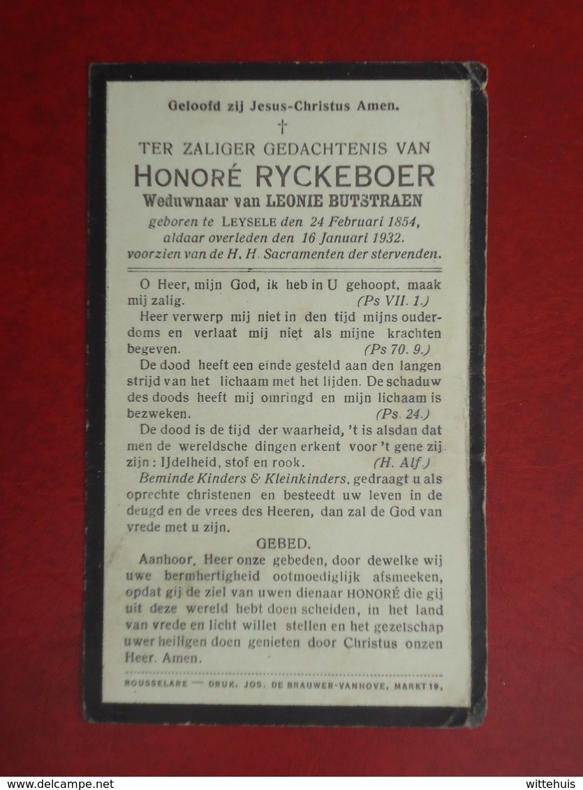 Honoré Rygkeboer - Butstraen Geboren Te  Leysele 1854 En Overleden  1932   (2scans) - Religion & Esotérisme