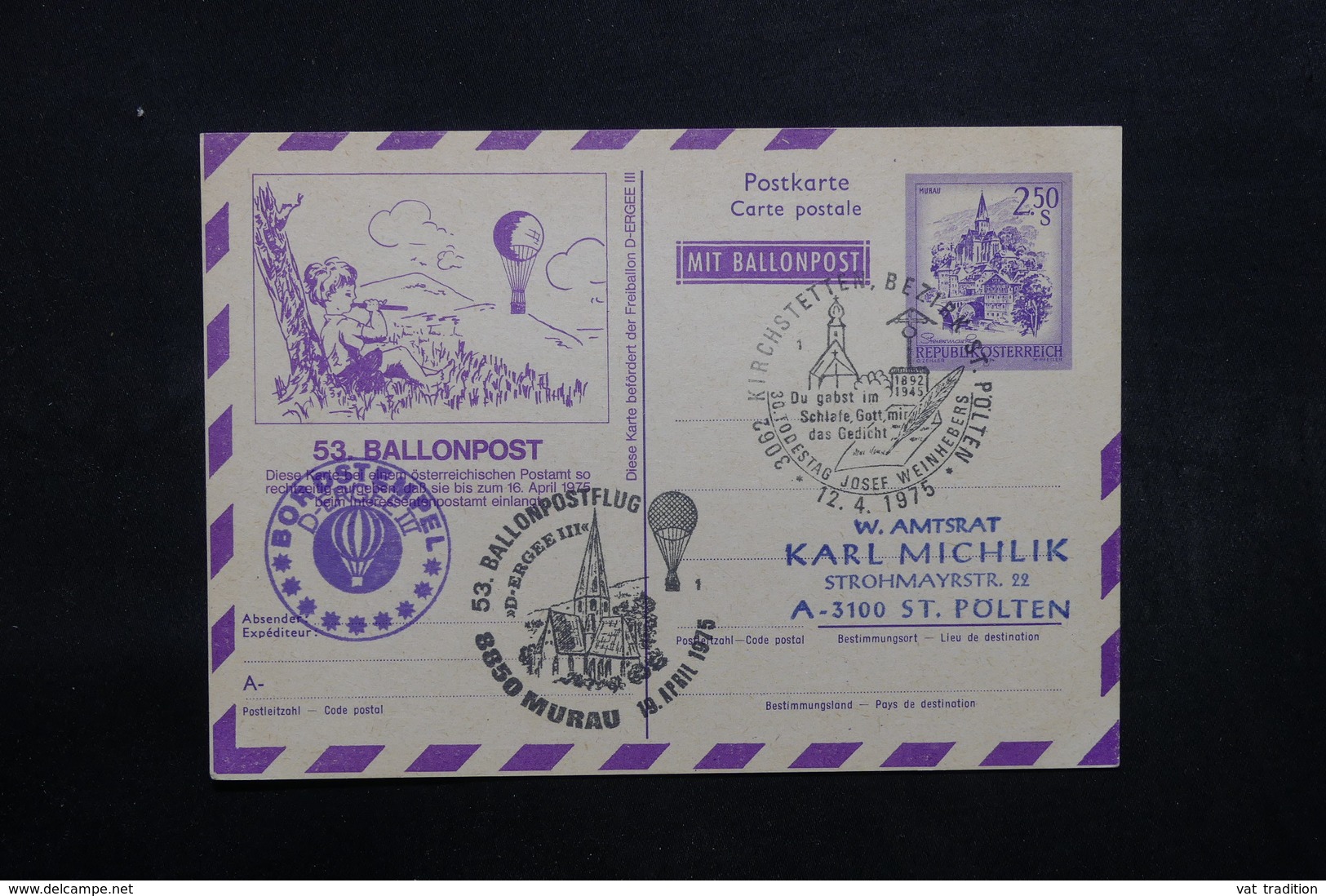 AUTRICHE - Entier Postal Par Ballon En 1975, Voir Cachets  - L 31921 - Par Ballon