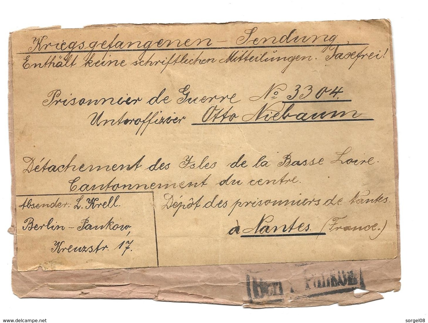 Militaria KRIEGSGEFANGENEN SENDUNG Etiquette Prisonnier De Guerre Détachement Des Isles De La Basse Loire  NANTES France - 1914-18