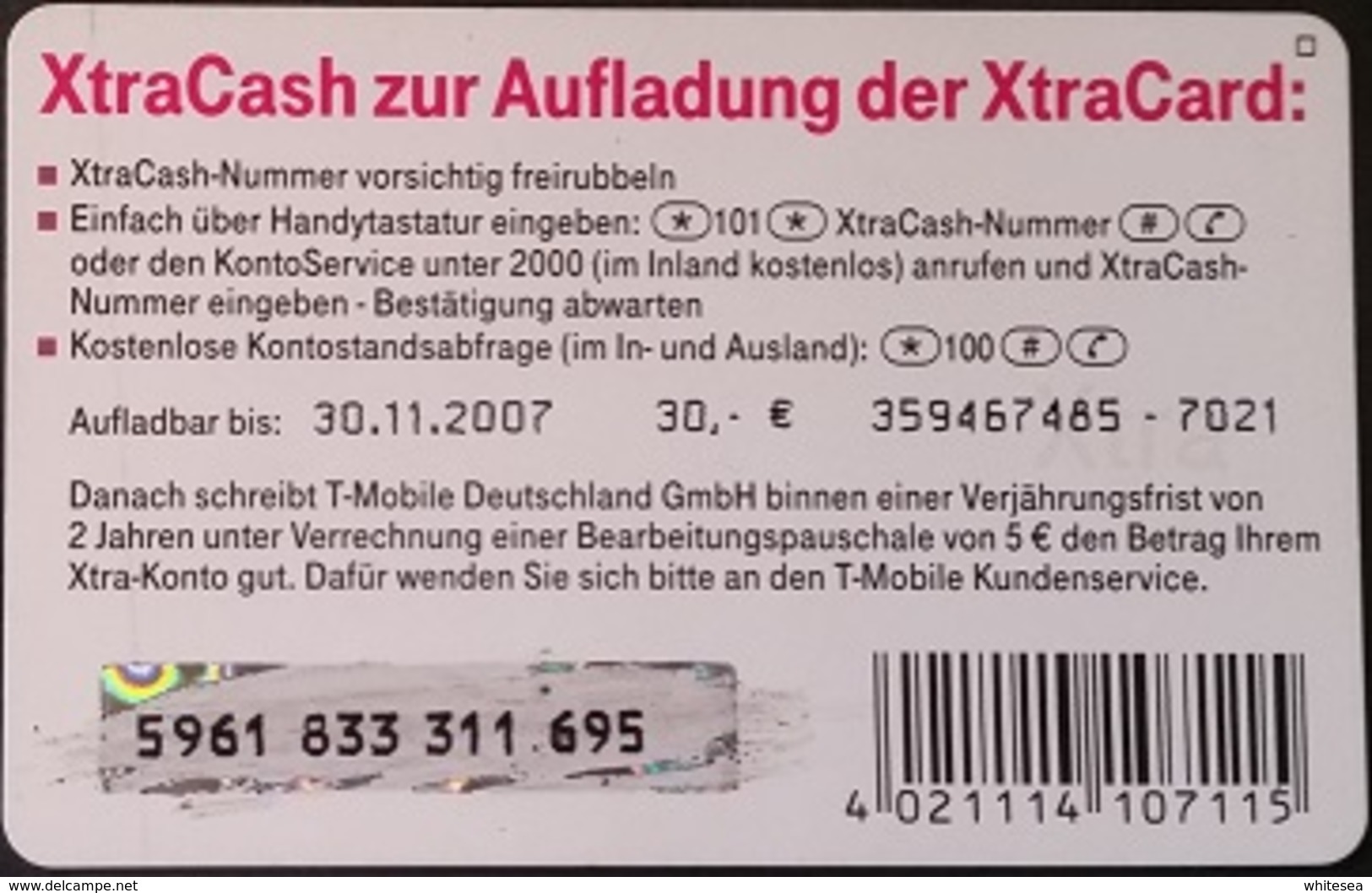 Prepaidcard Deutschland - XtraCash - 30 € - Viereck - T Mobile - 11/07 - [2] Prepaid