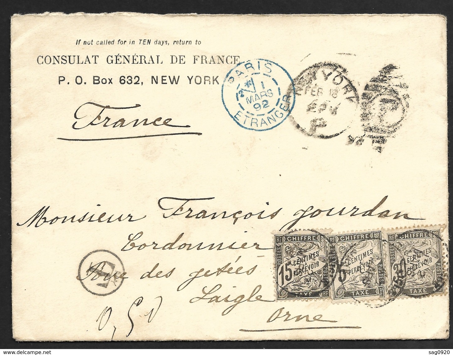 Enveloppe De New York Taxée à L'arrivée à L'Aigle Orne-Cachet Bleu Paris Etranger - 1877-1920: Semi Modern Period