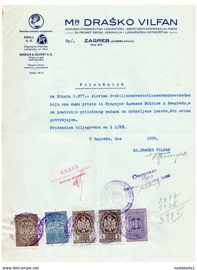 1936 YUGOSLAVIA, CROATIA, LETTERHEAD MR. DRASKO VILFAN, ZAGREB, 5 FISKAL STAMPS, MONEY RECEIPT - Other & Unclassified