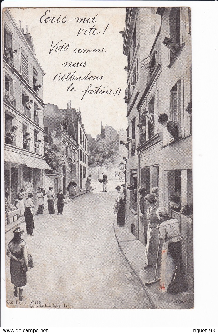 Une Rue Animée Qui Attend Le Facteur - Dessin Signé CARREY - Unclassified
