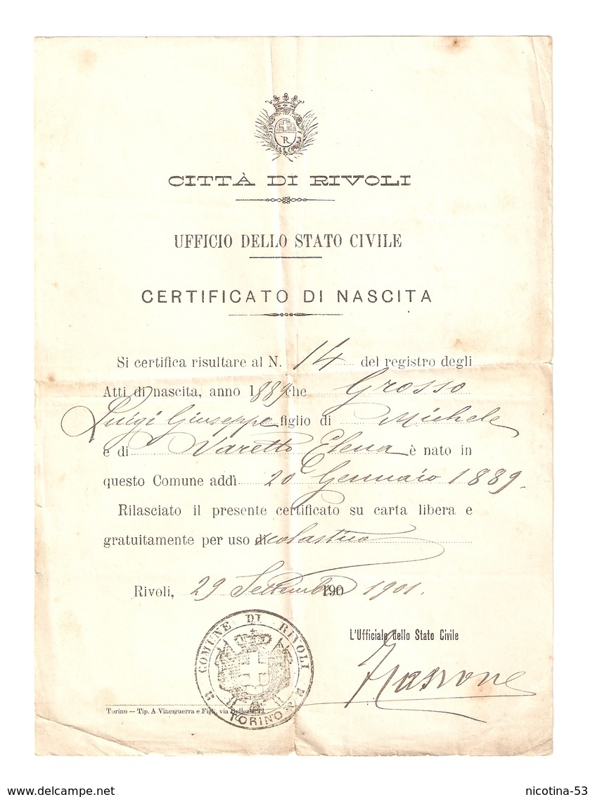 DS--00006-- CITTA DI RIVOLI - UFFICIO DELLO STATO CIVILE - CERTIFICATO DI NASCITA " RIVOLI 29 SETTEMBRE 1901 - Non Classificati