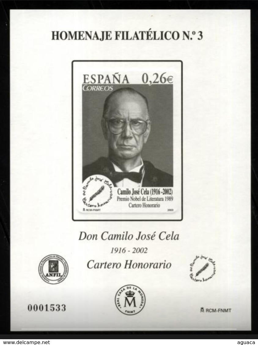 ESPAÑA SPAIN ESPAGNE SPANIEN EDIFIL HOMENAJE FILATÉLICO 3 CAMILO JOSÉ CELA 2007 MNH - Nuevos