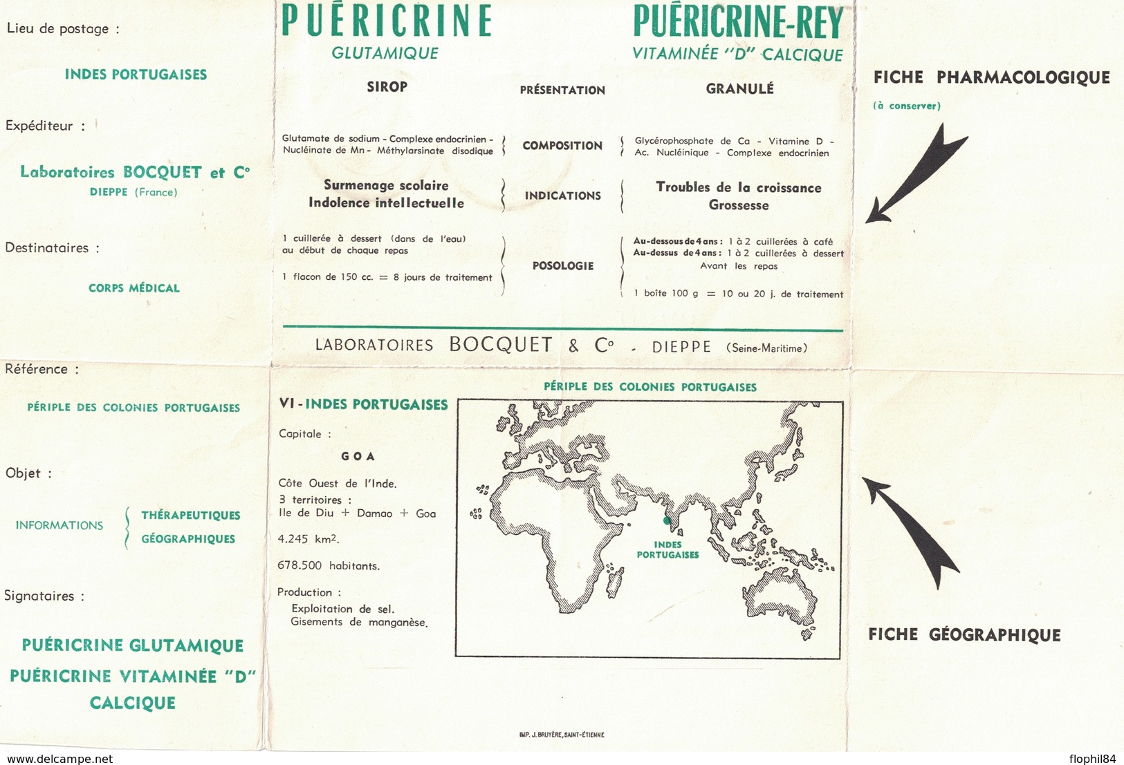 INDE PORTUGAISE - GOA - 1957 - ENVELOPPE PUBLICITAIRE LABORATOIRES BOCQUET A DIEPPE -SEINE MARITIME - PUERICRINE. - India Portuguesa