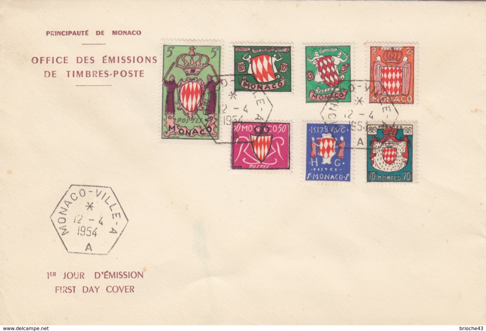 MONACO - FDC 12.4.1954 - ARMOIRIES  - Yv N° 405 à 411  /1 - Covers & Documents