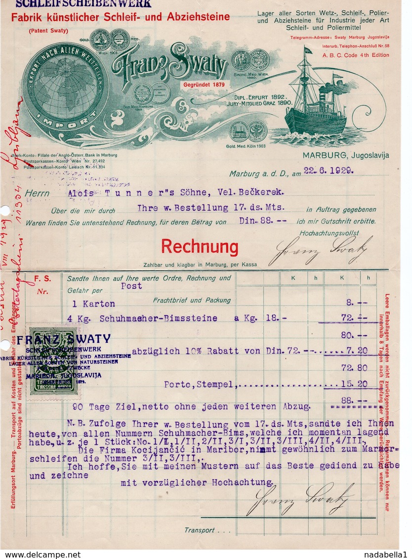 1929 YUGOSLAVIA, SLOVENIA, MARBURG, MARIBOR, FRANZ SWATY, INVOICE ON A FACTORY LETTERHEAD, 1 FISKAL STAMP, BOAT - Other & Unclassified