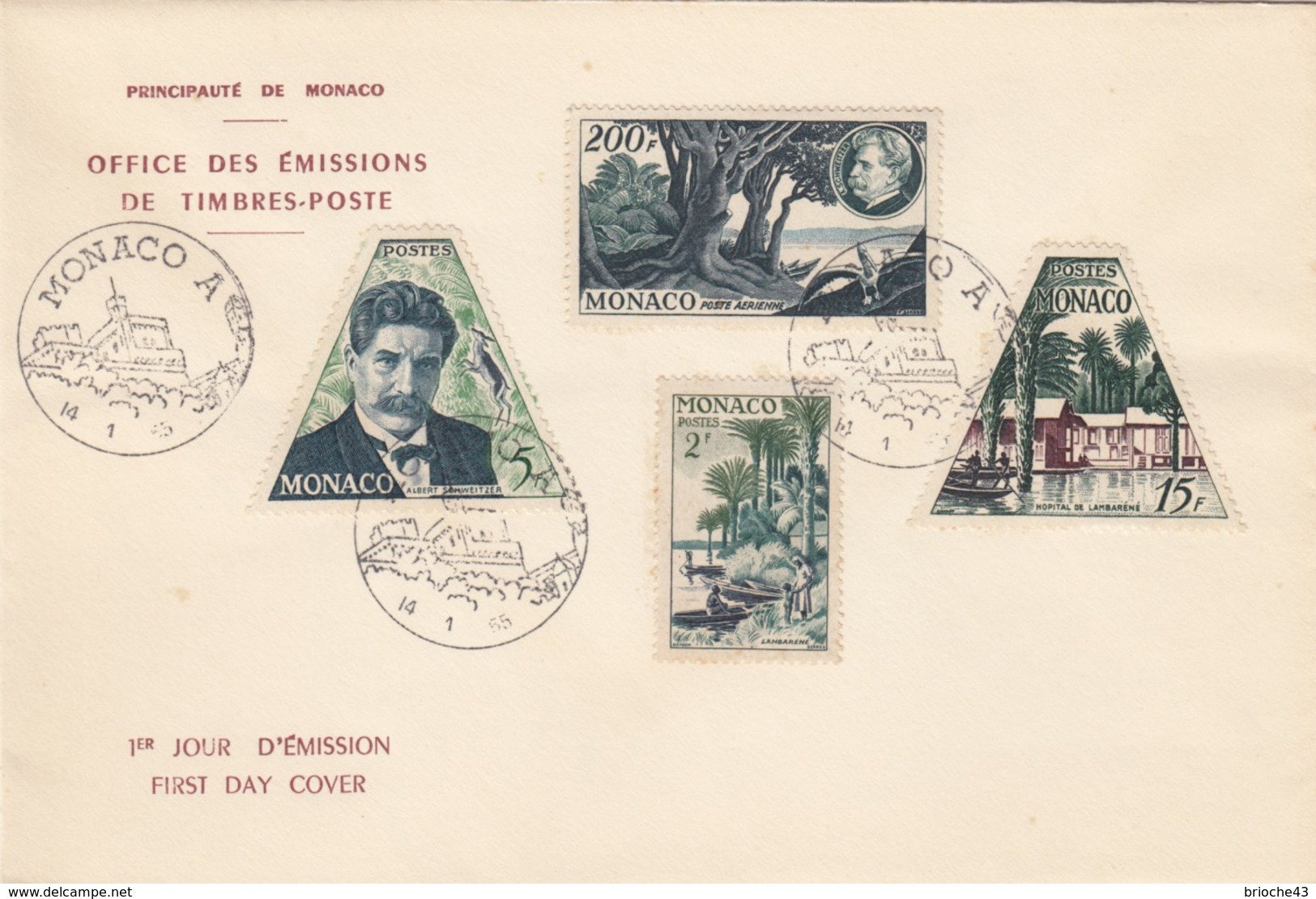 MONACO - FDC 14.1.1955 - 80e ANNIVERSAIRE Dr ALBERT SCHWEITZER   - Yv N° 412 à 414 - PA 59/1 - FDC