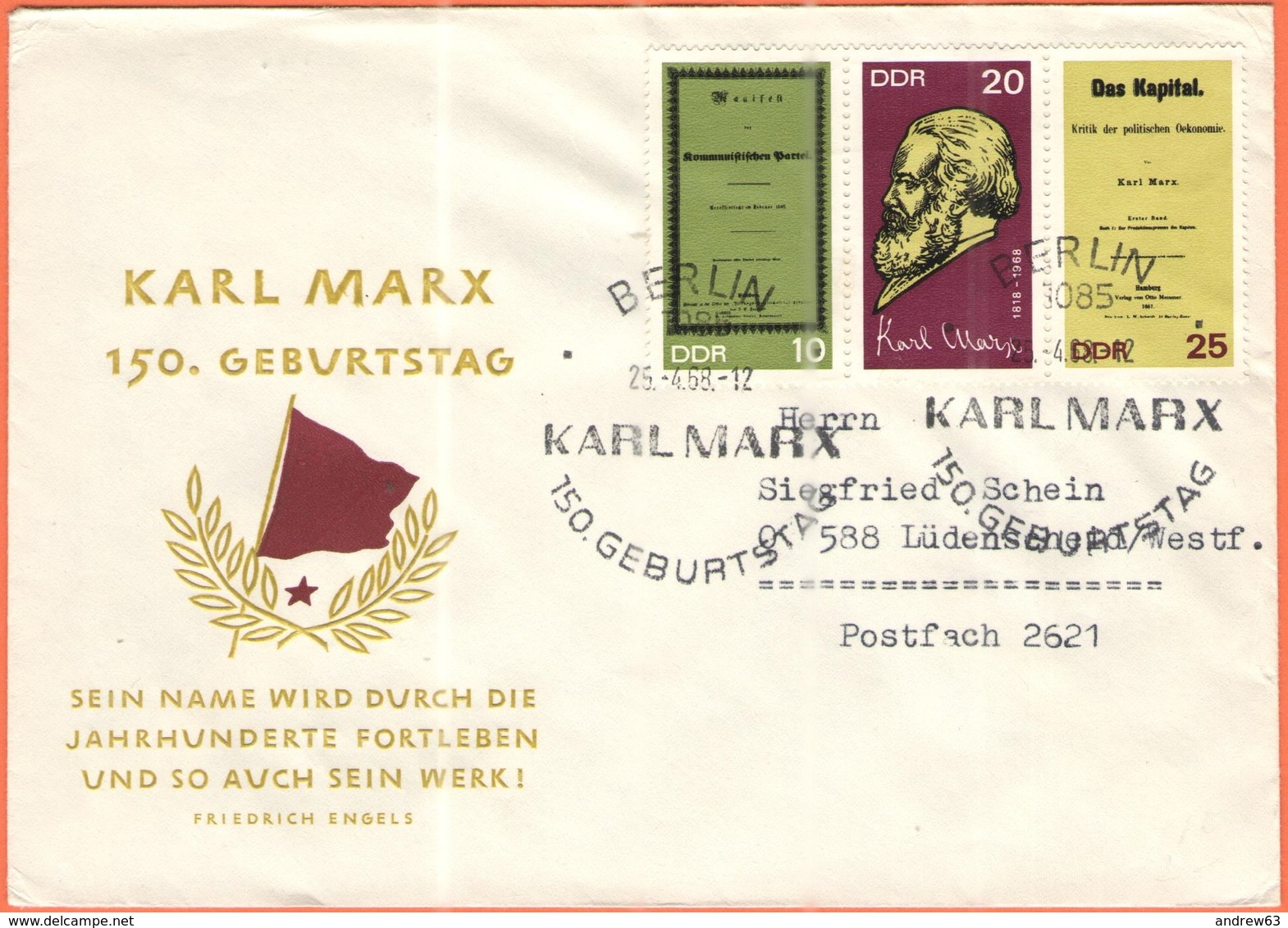 GERMANIA - GERMANY - Deutschland - ALLEMAGNE - DDR - 1968 - 150. Geburtstag Karl Marx - FDC - Viaggiata Da Berlin Per Lü - Altri & Non Classificati