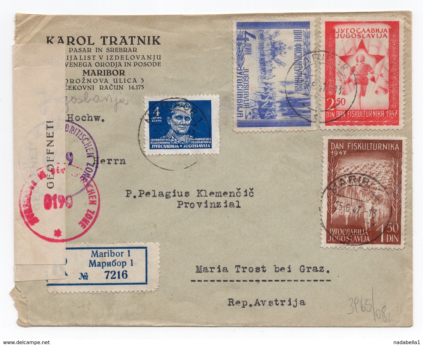 1947 YUGOSLAVIA, SLOVENIA,MARIBOR TO GRAZ, AUSTRIA, CENSORED, BRITISH ZONE, REGISTERED MAIL - Covers & Documents