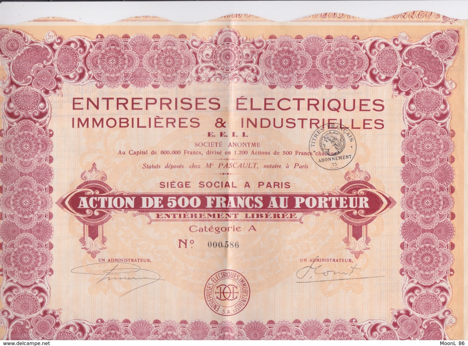 ACTION  E.E.I.I. - ETS ELCETRIQUES IMMOBILIERES INDUSTRIE - TITRE FRANCAIS LIBERE - Elettricità & Gas