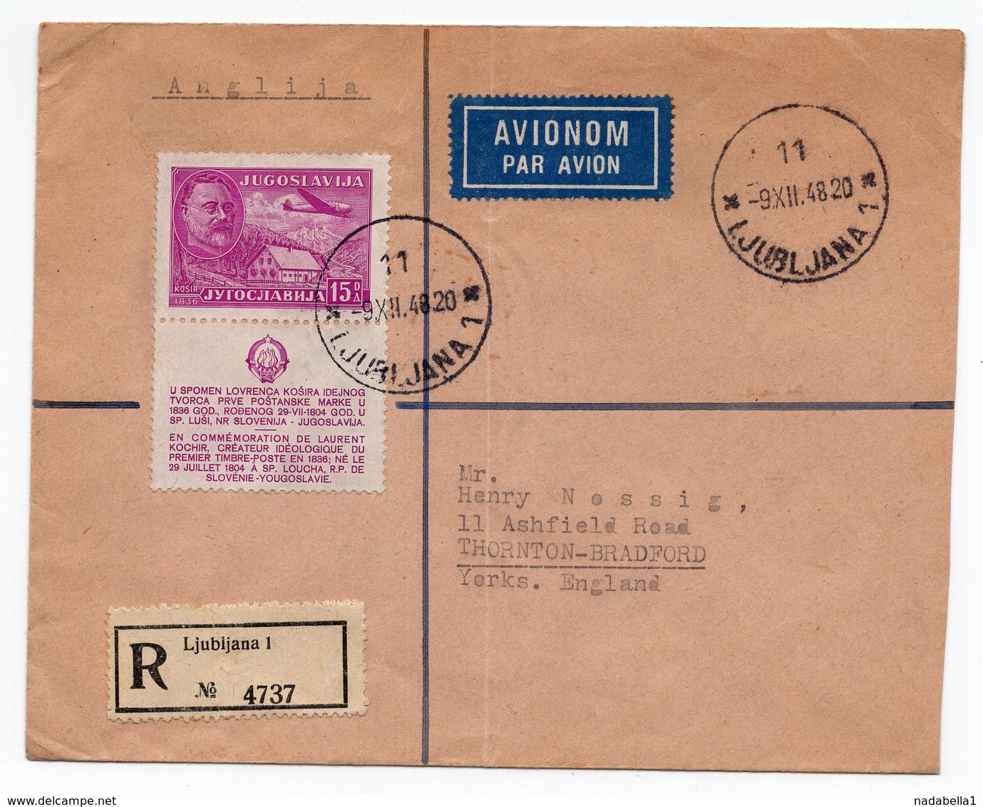 1948 YUGOSLAVIA, SLOVENIA, LJUBLJANA TO BRADFORD, UNITED KINGDOM, POSTER STAMP, REGISTERED AIR MAIL - Covers & Documents