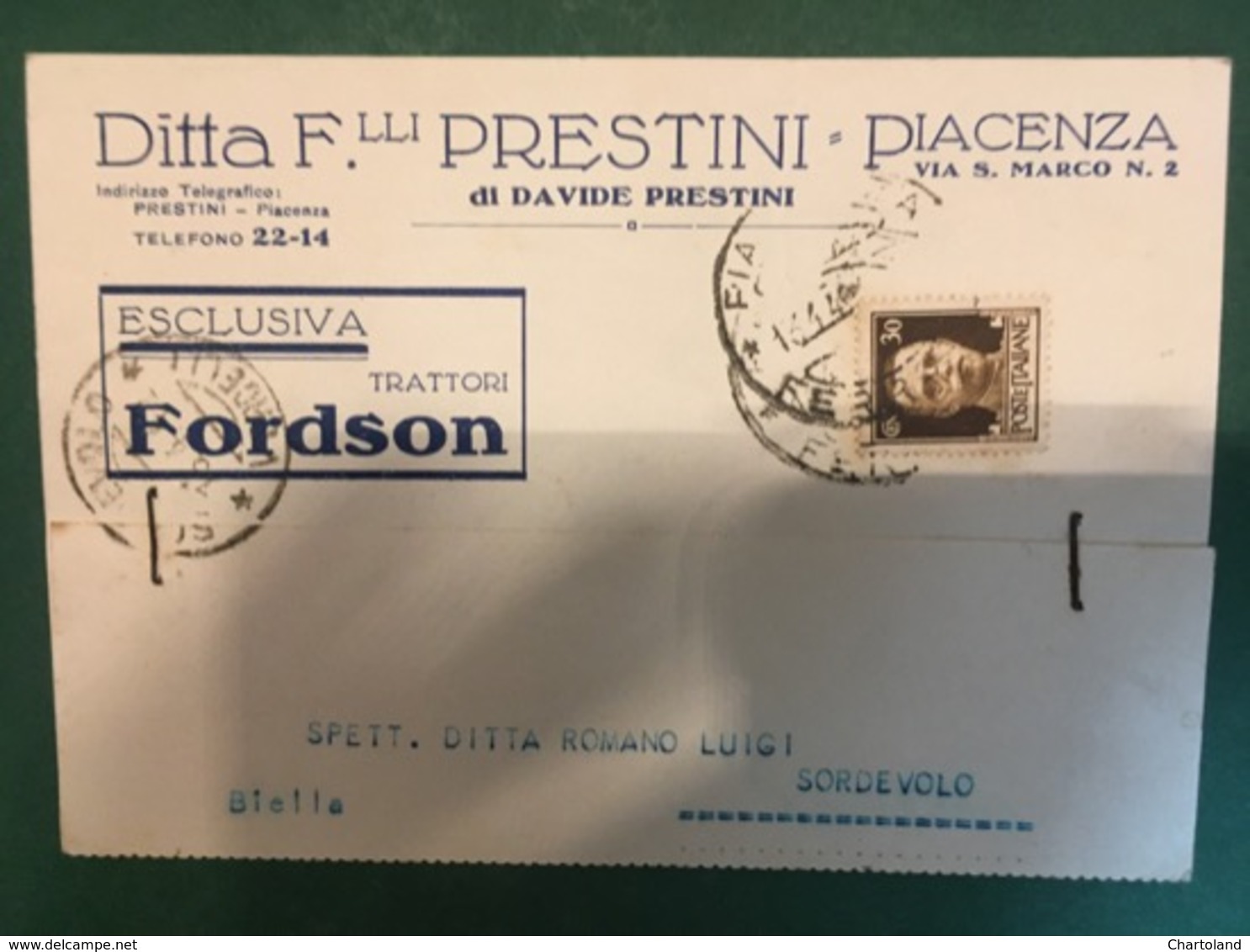 Cartolina Ditta F. Lli PRestini Piacenza  - Via S. Marco Esclusiva Fordson- 1942 - Altri & Non Classificati