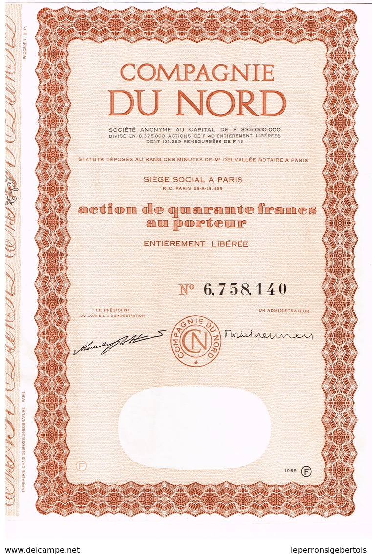 Ancien Titre - Compagnie Du Nord, Anciennement Compagnie Du Chemin De Fer Du Nord - Titre De 1968 N°6.758.140 - Bahnwesen & Tramways