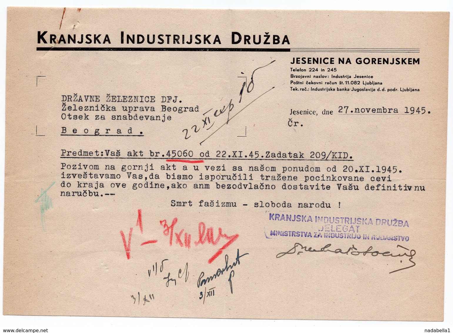 1945 YUGOSLAVIA, JESENICE NA GORENJSKEM TO BELGRADE, SERBIA, TITO 2 DIN, COMPANY LETTERHEAD INSIDE - Covers & Documents