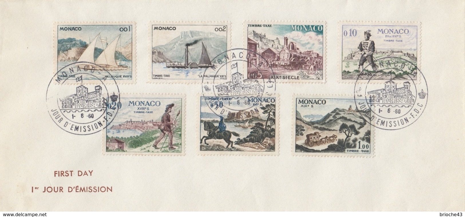 MONACO - FDC 1.6.1960 - TIMBRES TAXE RETROSPECTIVE TRANSPORT XVe XIXe SIECLE  - Yv N°56/62  /TBS - FDC