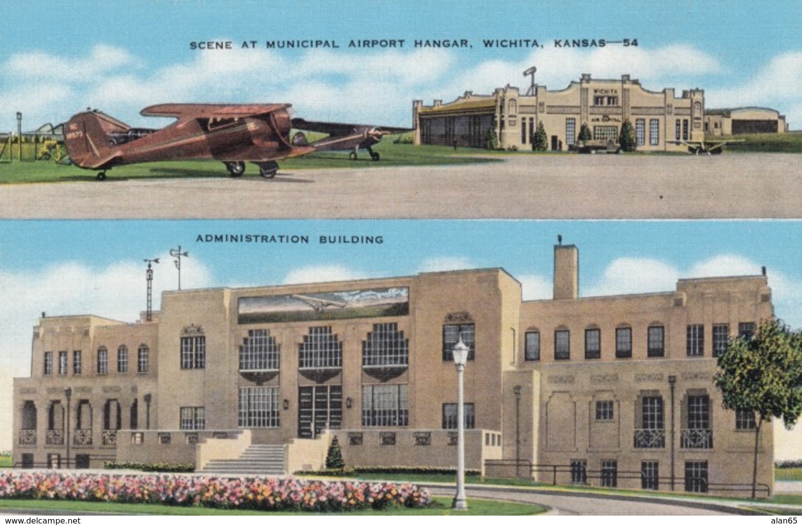 Wichita Kansas Municipal Airport Hangar And Administration Building, C1930s Vintage Postcard - Aerodrome