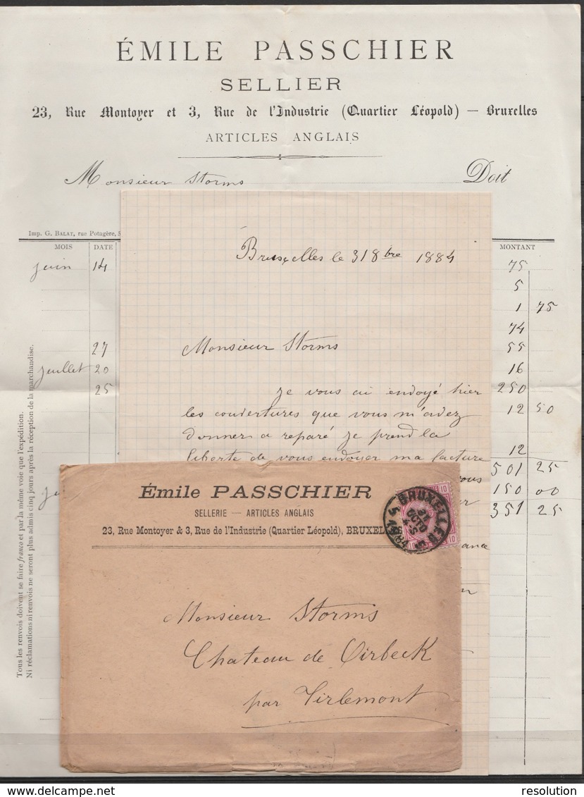 L. Entête "Sellerie Emile Passchier" Affr. N°46 Càd BRUXELLES 5 /31 OCTO 1884 Pour Château D'Oirbeek à TIRLEMONT (au Dos - 1884-1891 Léopold II