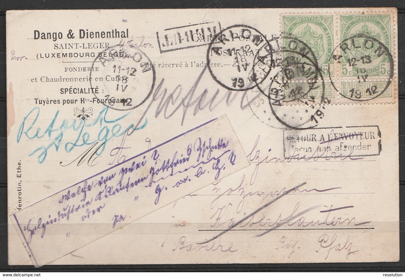 CP "Fonderie" Affr. N°83x2 Càd ARLON /18 IV 1912 Pour KAISERSLAUTERN (Allemagne) [Retour à L'envoyeur] - étiquette Poste - 1893-1907 Wapenschild