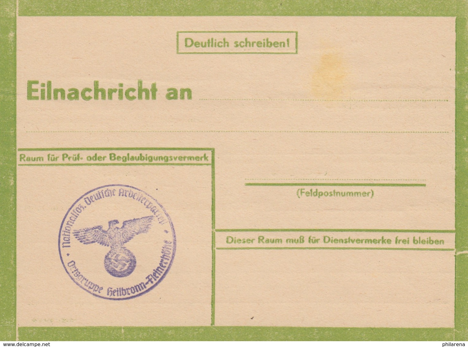 Eilnachricht /Lebenszeichen, Stempel NSDAP Heilbronn-Fleinerhöhe, Blanko - Sonstige & Ohne Zuordnung