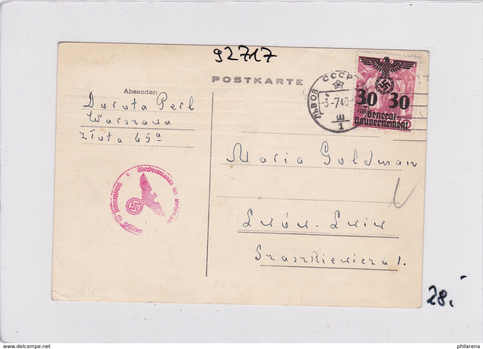 GG: Postkarte Von Warschau Nach Lemberg/Russland, Zensur - Occupation 1938-45