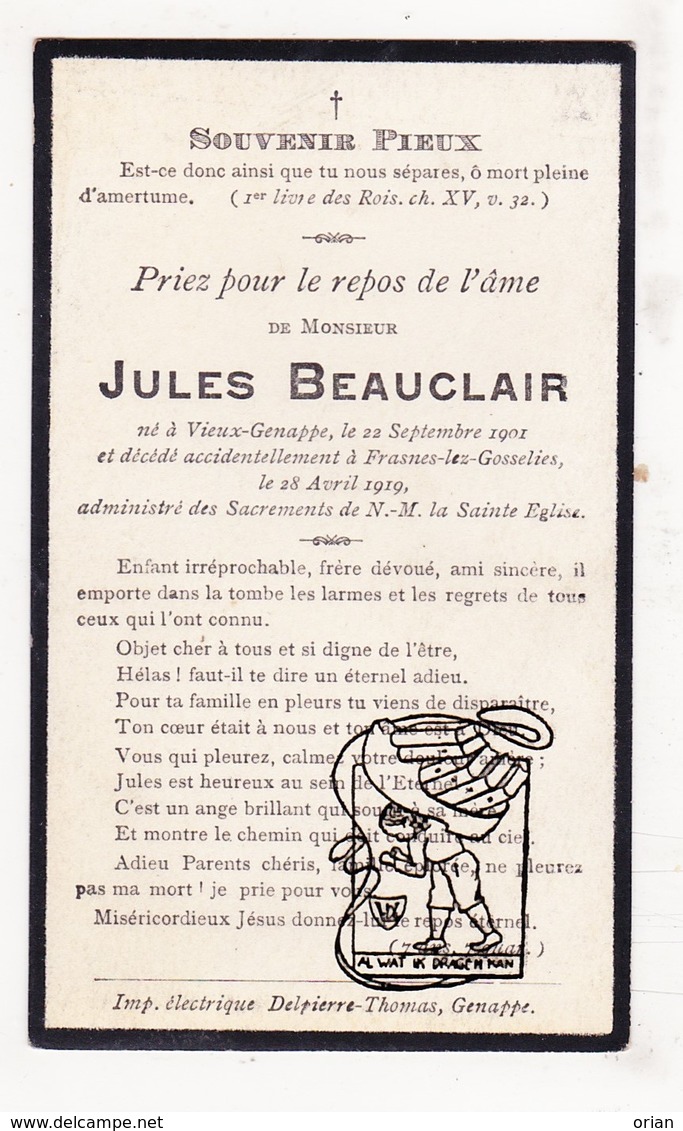 DP Im Mort. Foto - Jules Beauclair Beauclaire ° Vieux-Genappe Oud-Genepiën 1901 † Frasnes-lez-Gosselies Les Bons Villers - Imágenes Religiosas