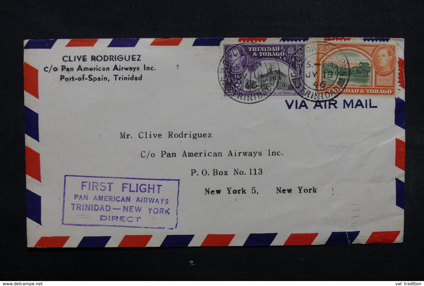 TRINITÉ & TOBAGO - Enveloppe 1er Vol Trinitad / New York En 1946 , Affranchissement Plaisant - L 31978 - Trinidad & Tobago (...-1961)